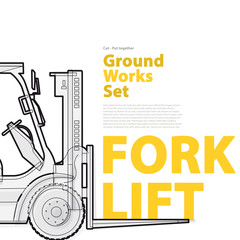 Black and white wire typography set of ground works machines vehicles - Excavator. Construction equipment for building. Truck, Digger, Crane, Bagger, Mix – master vector illustration - catalog page