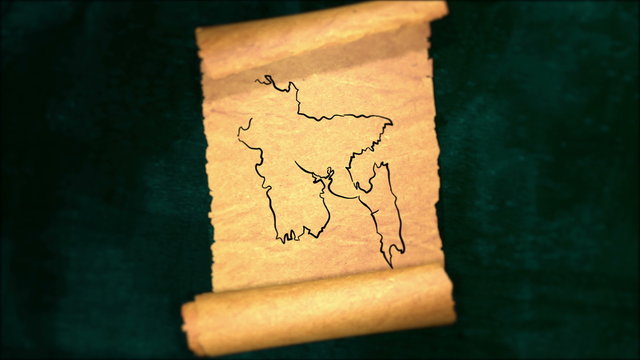 Bangladesh Map Painting Unfolding Old Paper Scroll 3D 4K