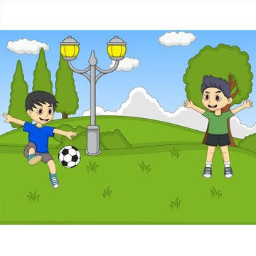 Kids playing soccer in the park cartoon