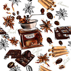   Coffee background with watercolor spots coffee mill fried bean