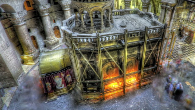 Shot of the Edicule of the Holy Sepulchral time-lapse of tourists walking around. Cropped.