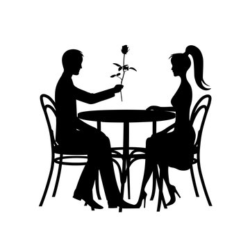 silhouettes of romantic couple in love meeting on a white background