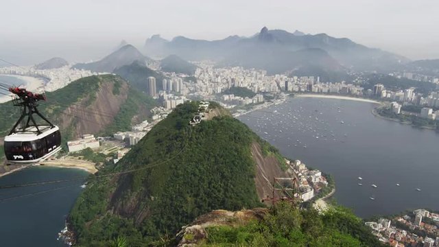Gondola going up the side of Sugarloaf Mountain in Rio de Janeiro, Brazil