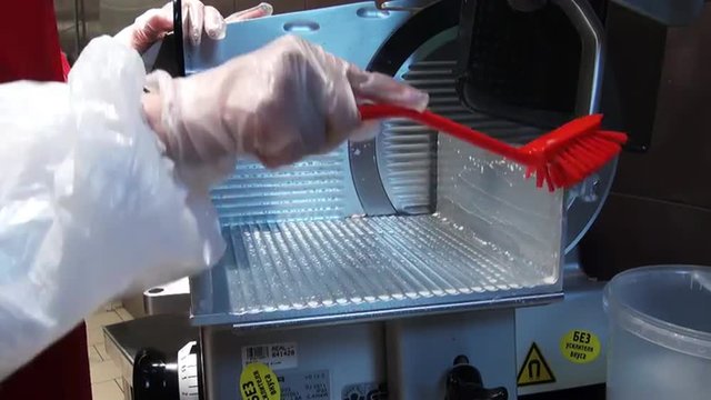 Cleaning the slicer from the remnants of food. Cleaning of premises and equipment in the food industry, supermarkets, warehouses with food and other similar places.