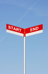 start or end, road sign against sky