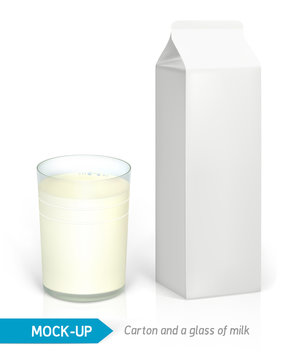 Vector realistic  milk glass and white cardboard package for dairy products, juice or milk. Mock-up packages