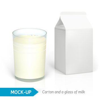 Vector realistic milk glass and white cardboard package for dairy products, juice or milk. Mock-up packages