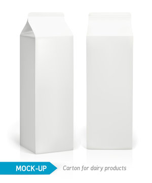 Vector realistic white cardboard package for dairy products, juice or milk. Mock-up packages
