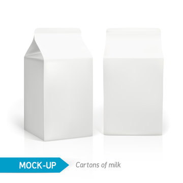 Vector realistic white cardboard package for dairy products, juice or milk. Mock-up packages