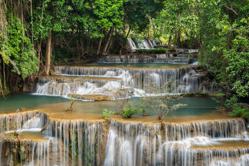 Fototapeta na wymiar Deep forest waterfall, Huay Mae Kamin waterfall in Kanchanaburi, Thailand 