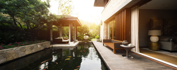 design and furniture in rest place with pond