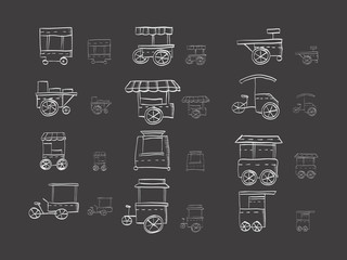 Cart stall sketch vector icons on black