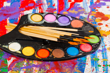 Brushes, paints, pencils for drawing