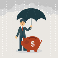 A businessman with umbrella protecting the piggy bank. Business and Financial concept illustration.
