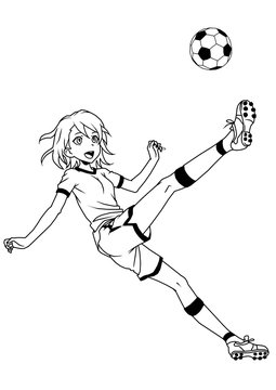Football soccer girl kicks the ball,illustration,logo,ink,black and white,outline,isolated on a white