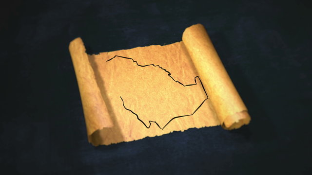 Saudi Arabia Map Painting Unfolding Old Paper Scroll 3D 4K