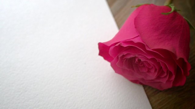 greeting card with a red rose and space for text on a wooden background. 4k