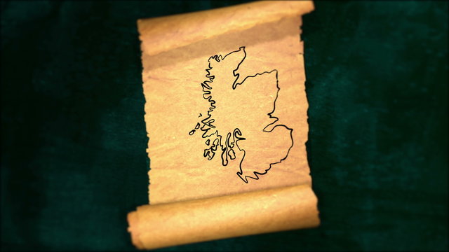 Scotland Map Painting Unfolding Old Paper Scroll 3D 4K