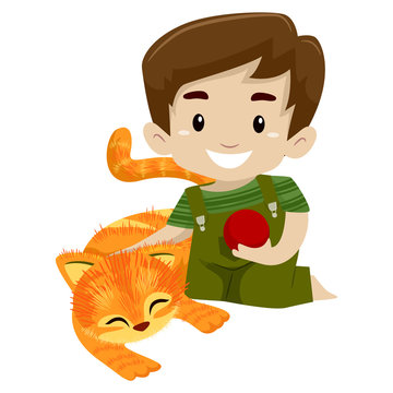 Boy Playing a Ball with his Cat