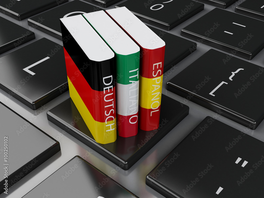 Poster 3d dictionaries on computer keyboard. e-learning