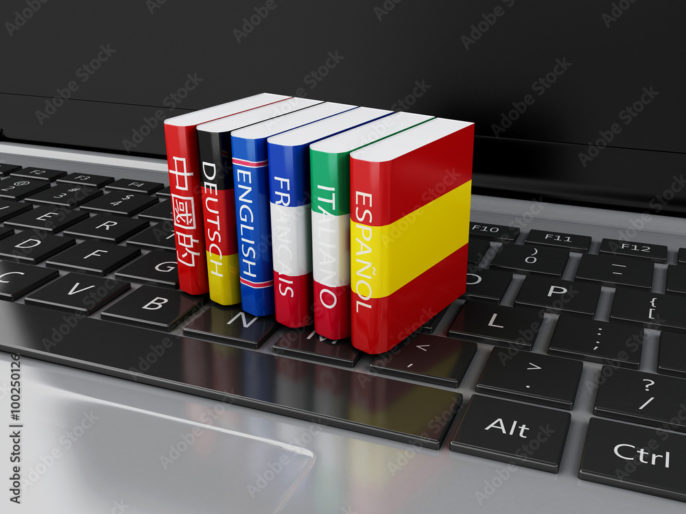 Poster 3d dictionaries on computer keyboard. e-learning