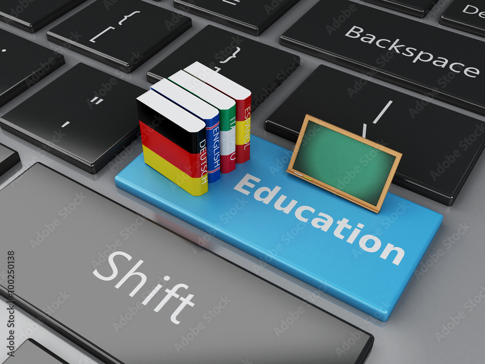 Poster 3d dictionaries on computer keyboard. e-learning