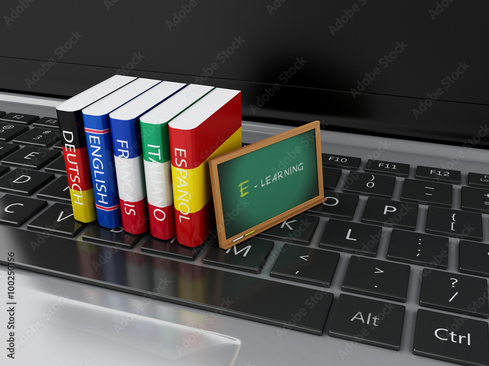 Poster 3d dictionaries and blackboard on computer keyboard. e-learning