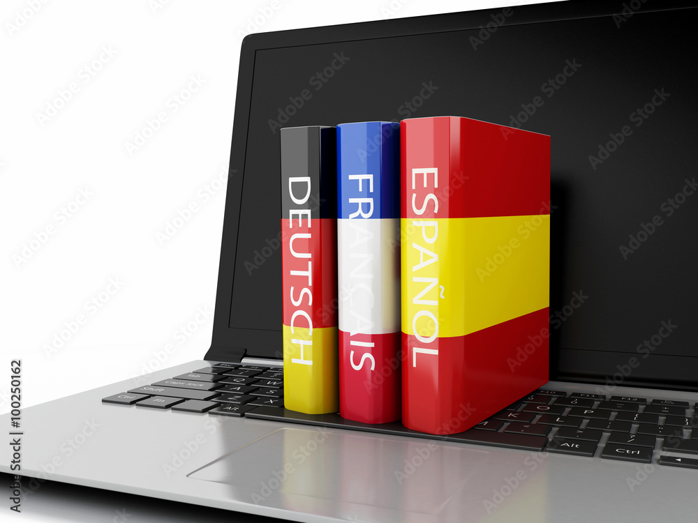 Poster 3d dictionaries on computer keyboard. e-learning