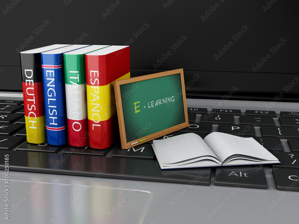 Poster 3d dictionaries and blackboard on computer keyboard. e-learning