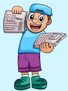 Cartoon Illustration Of A Boy Selling Newspaper