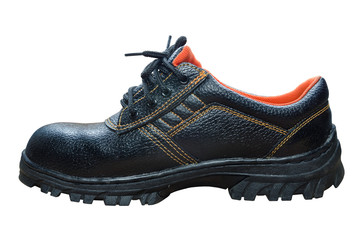 Black steel toe safety boots on white background.