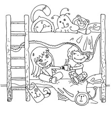 Obraz premium the childrens quite time on the bed in kindergarten cartoon hand drawn outline isolated on the white background