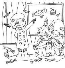 the children teach on the blackboard new exercise with the teacher hand drawn  cartoon outline  isolated on the white background