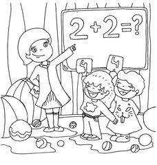 the children teach on the blackboard new exercise with the teacher hand drawn  cartoon outline  isolated on the white background