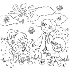 the children kindergarten with teacher cartoon hand drawn outline outdoor in summer seasons isolated on the white background