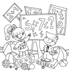 the children teach on the blackboard new exercise cartoon outline hand drawn isolated on the white background - 100250790