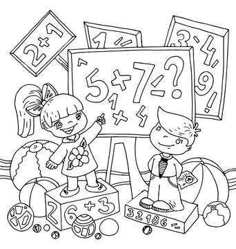 the children teach on the blackboard new exercise cartoon outline hand drawn isolated on the white background
