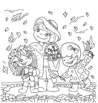 the children kindergarten with teacher cartoon hand drawn outline outdoor in autumn seasons isolated on the white background