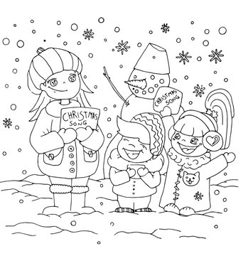the children kindergarten with teacher cartoon hand drawn outline outdoor in winter with snowman seasons isolated on the white background