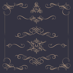 Collection of calligraphic elements. Decorative monograms and  borders.
