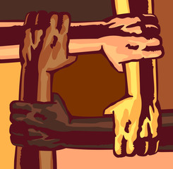 Arms different race and skin color holding and supporting each other, multi-ethnic community, melting pot, teamwork, cooperation, solidarity concept vector illustration