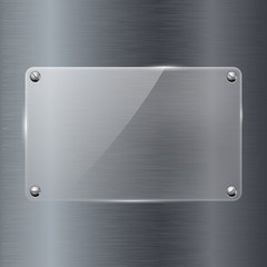 Glass plate on brushed metal background. Transparent frame with screw head. 