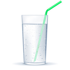 Glass of water and Drinking straws. Glass of sparkling water with drops. 