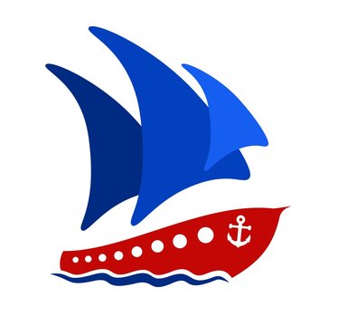 Ship with blue sails.