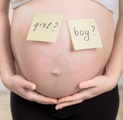 boy or girl? pregnant belly with two stickers "boy" or "girl". expectant mother does not know the baby's gender