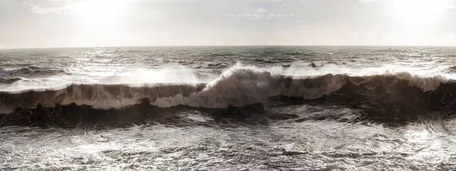 Afwasbaar Fotobehang Kust BIG WAVES IN BACKLIGHT WITH SEAGULLS