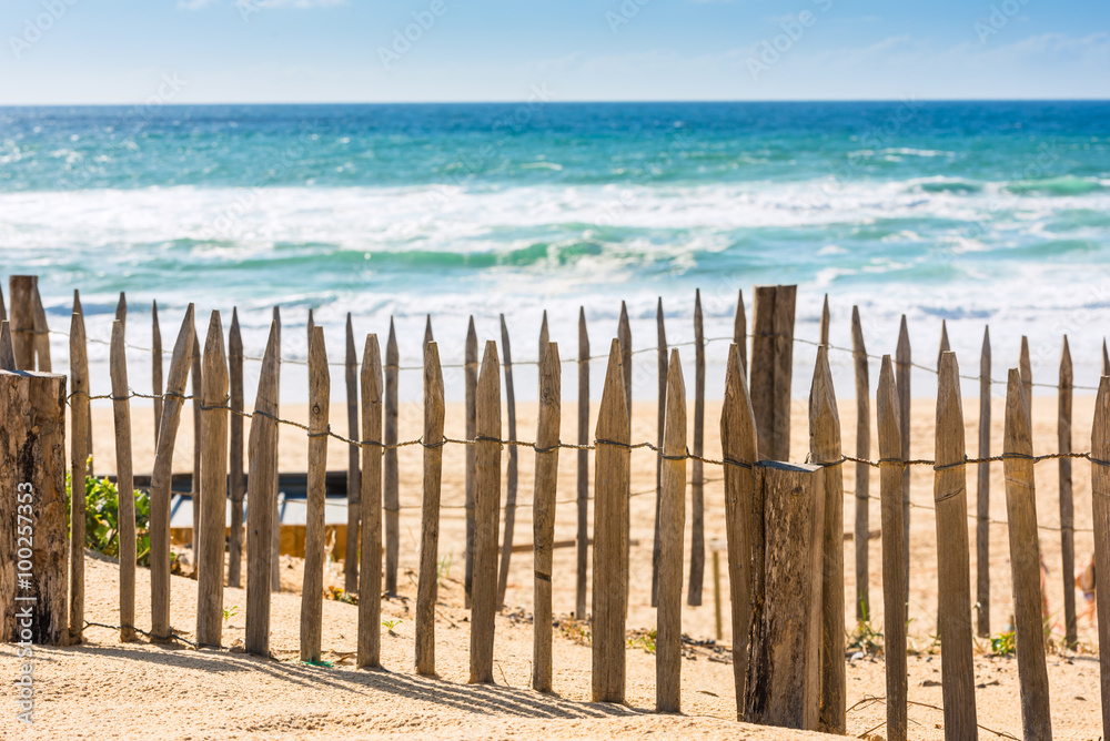 Wall mural Wooden fence on an Atlantic beach in France