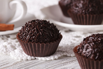 Brazilian Brigadeiro sweet and coffee close-up. horizontal
