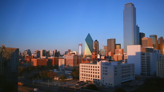 Dallas skyline and trainyard during sunset