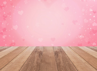 Valentine heart shaped lights background and wooden table 